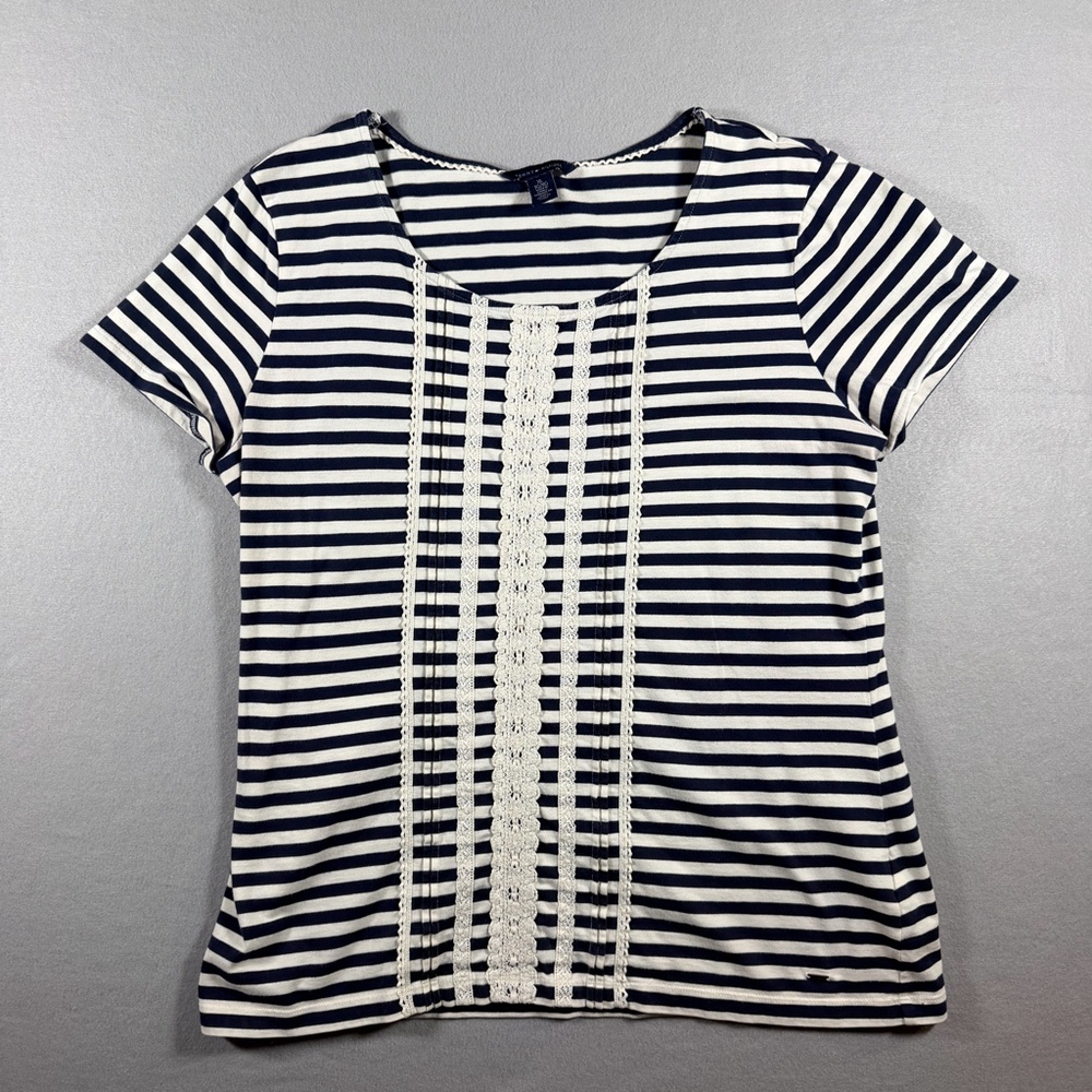 Tommy Hilfiger Navy White Striped Crochet Lace Top Women’s XL Nautical